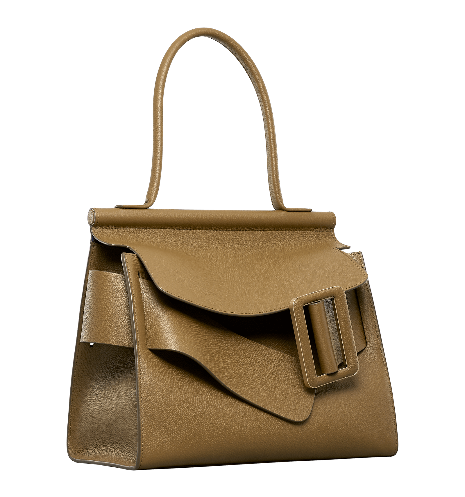 Brown, soft leather handbag with an unfastened, oversized buckle on the front, front flap closure and a single handle.