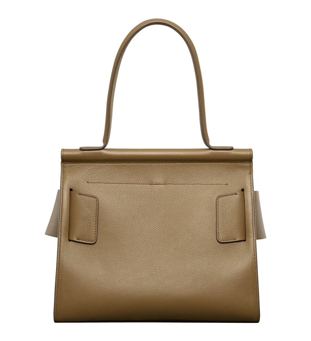 Brown, soft leather handbag with an unfastened, oversized buckle on the front, front flap closure and a single handle.