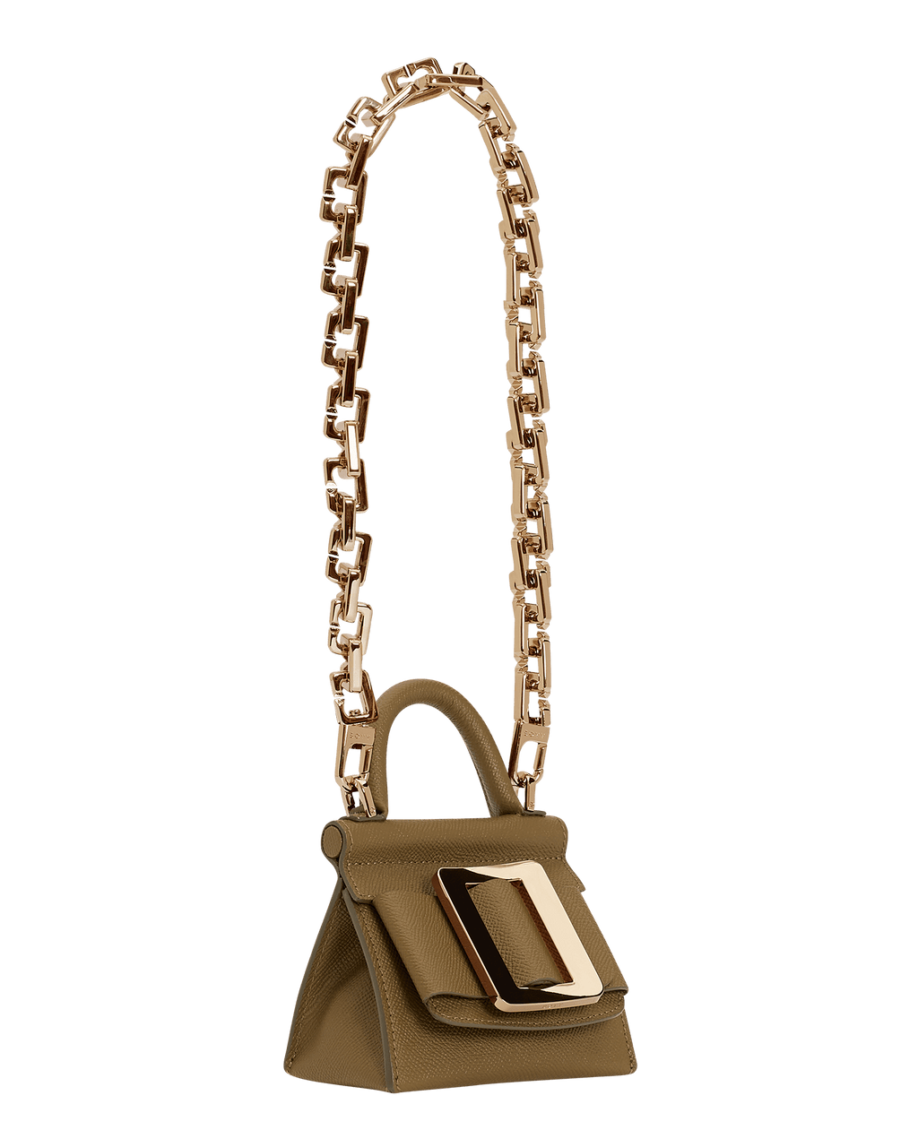 Brown, micro bag with a buckle on the front, with single carry handle, carry strap, and front flap closure. Made with grained calfskin leather.