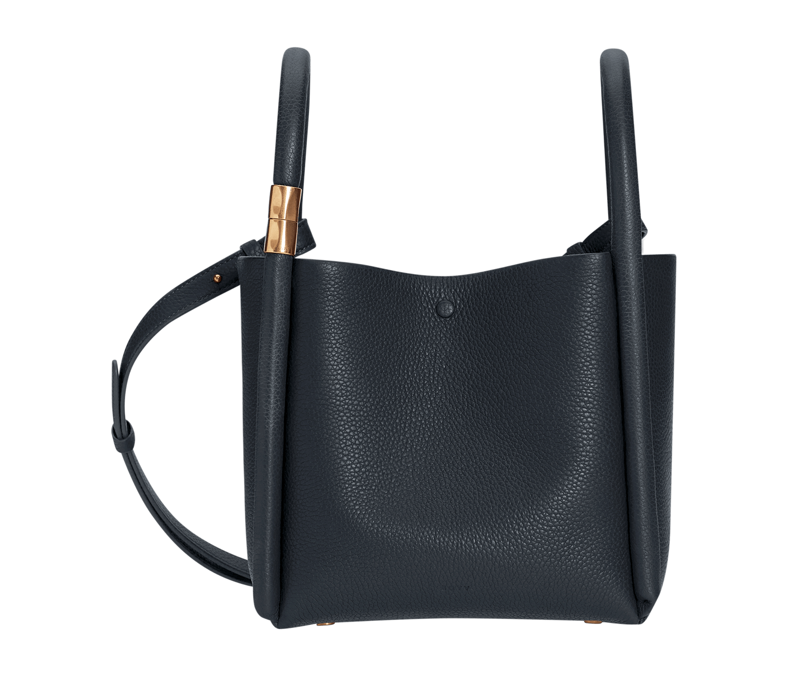 Blue, pebbled leather bag. Features oversized piping detail, an open top, intertwined handles, a subtle gold fastener, and a leather carrying strap.