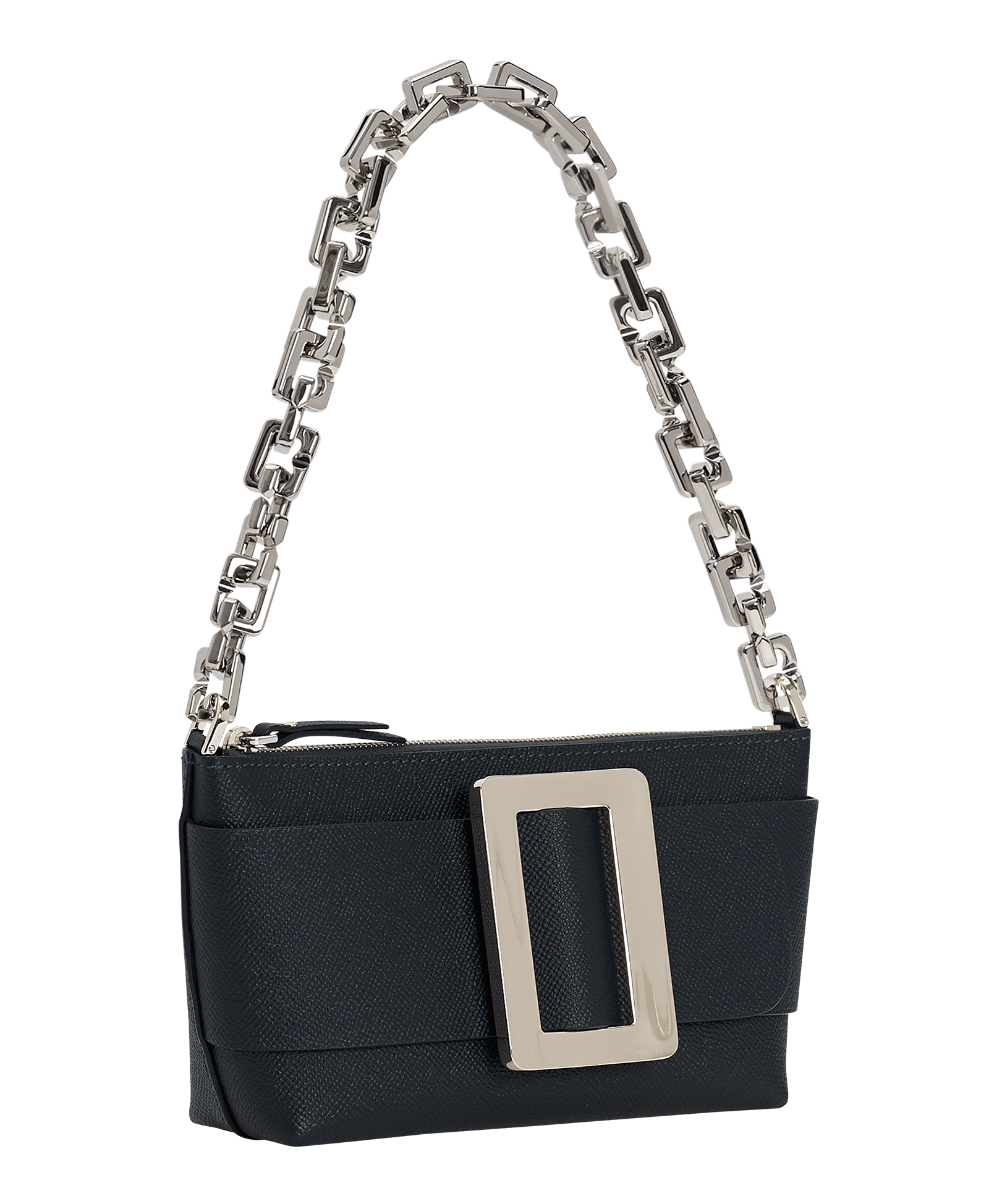 Small, blue shoulder bag with a large silver buckle on the front, Made with grained calfskin leather.