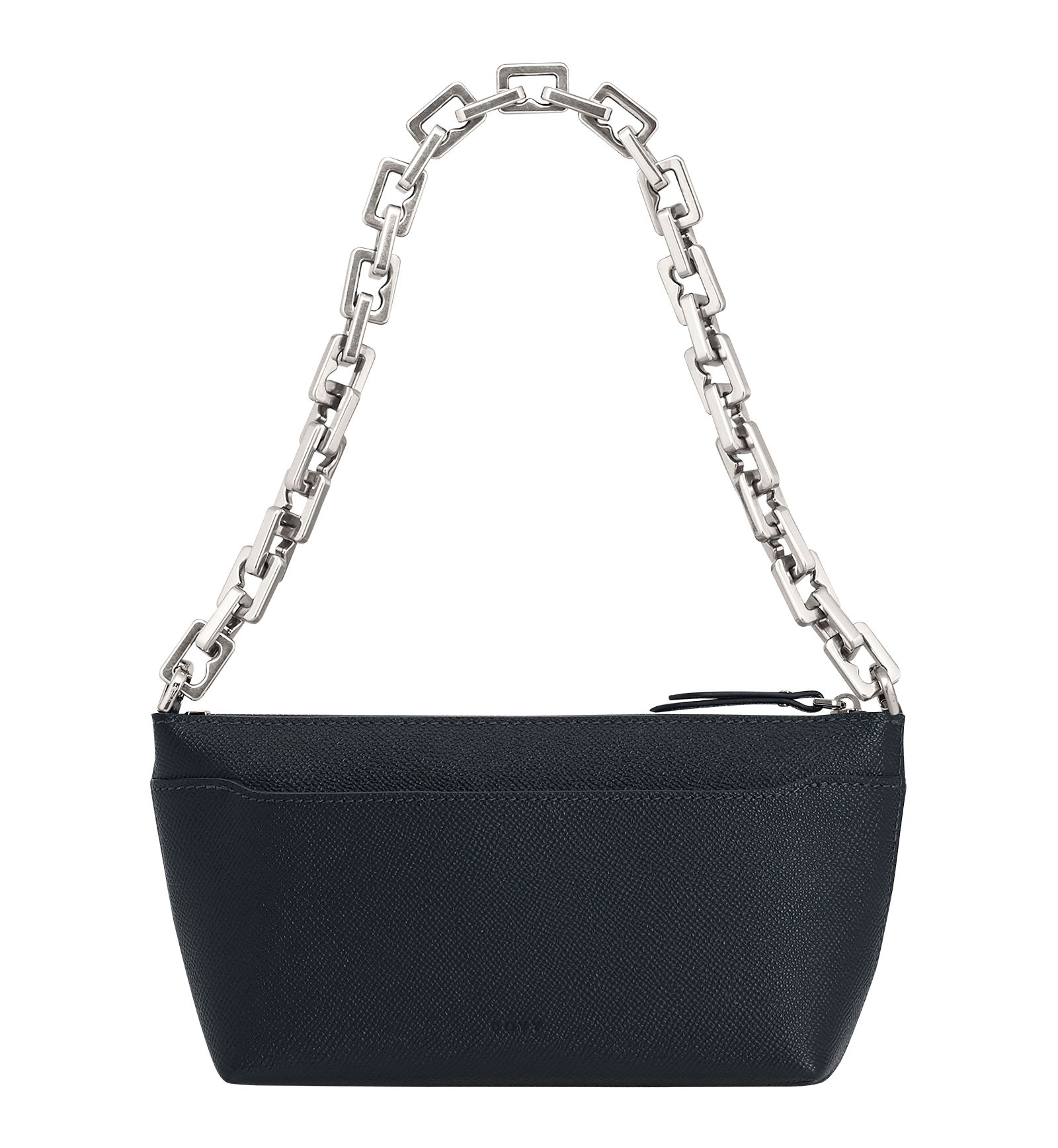 Small, blue shoulder bag with a large silver buckle on the front, Made with grained calfskin leather.