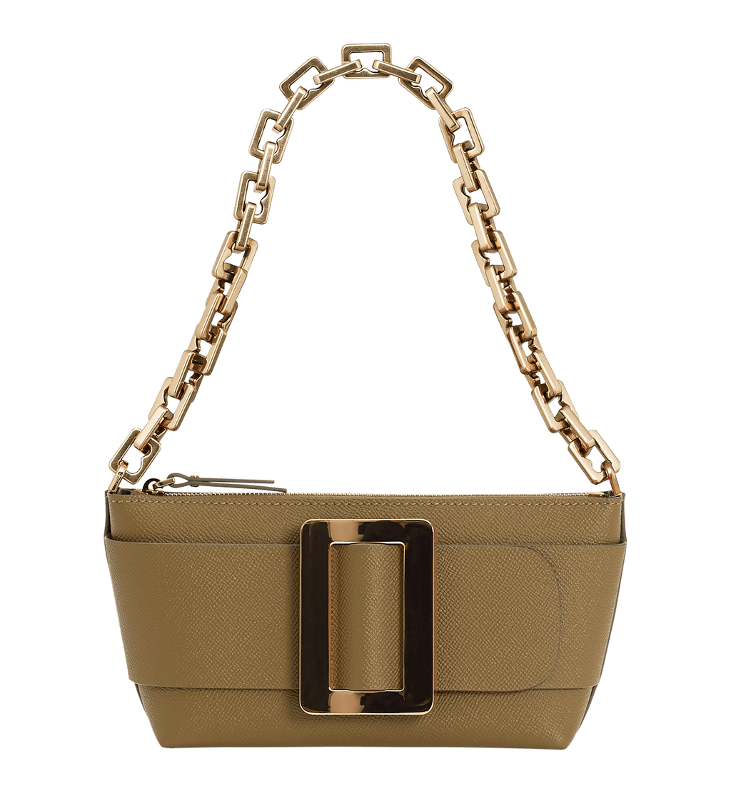 Small, brown shoulder bag with a large gold buckle on the front, Made with grained calfskin leather.