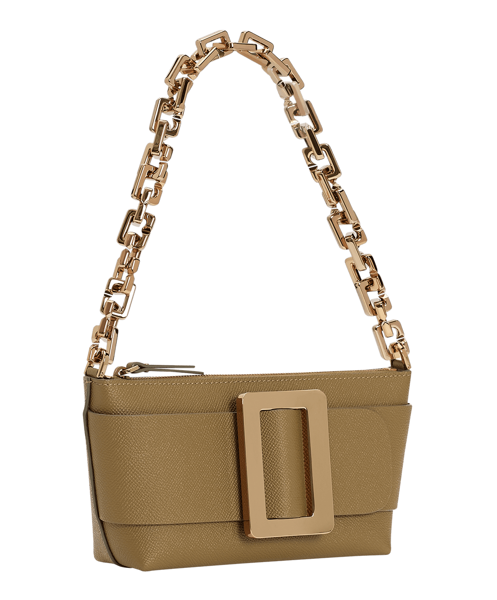 Small, brown shoulder bag with a large gold buckle on the front, Made with grained calfskin leather.