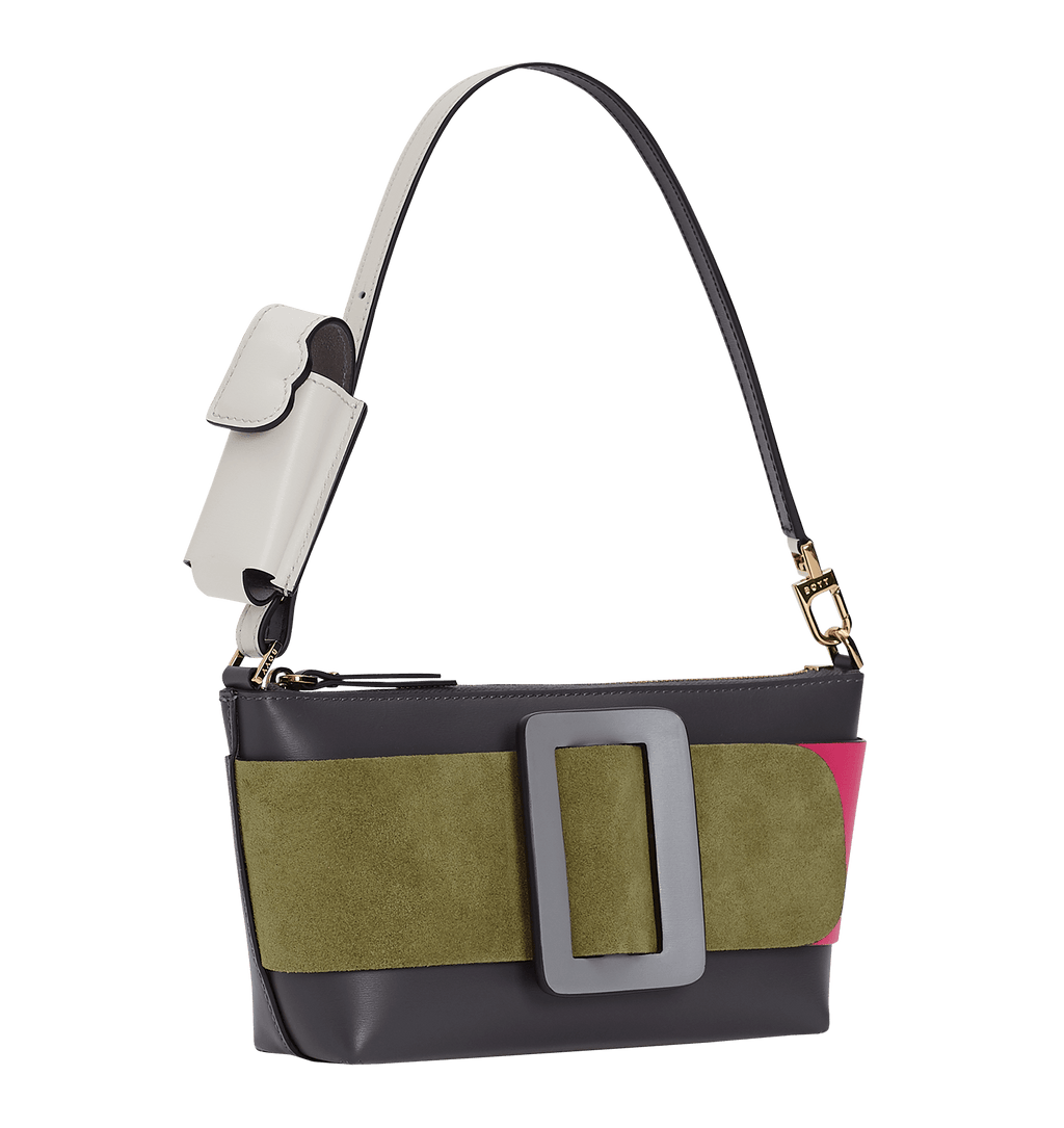 Small, shoulder bag with a large leather buckle on the front, Made with smooth calfskin leather.