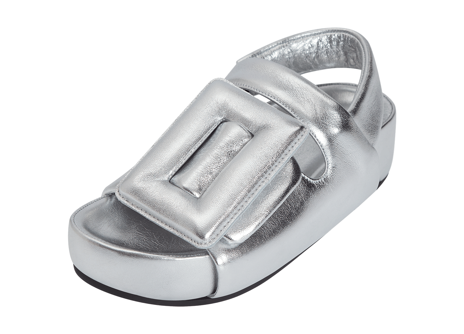 Metallic silver sandal with low ankle strap. Oversized puffy buckle and belt. Lambskin upper and insole.
