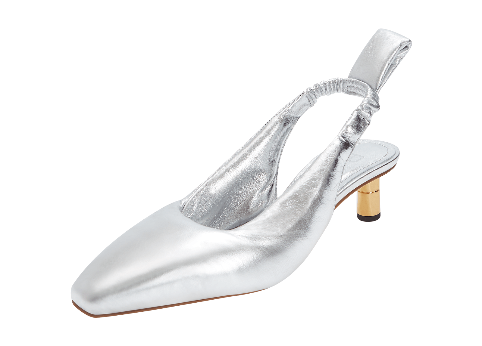 Metallic silver sandal with low heels. Oversized puffy slingback pump antique gold heel hardware. Lambskin upper and insole.