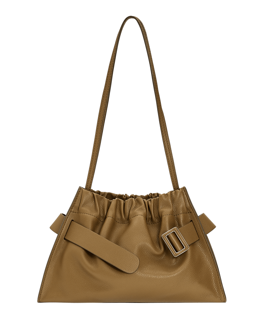 Medium, natural grain rectangular brown leather pouch with a metal and leather buckle, a leather belt, and a shoulder strap.