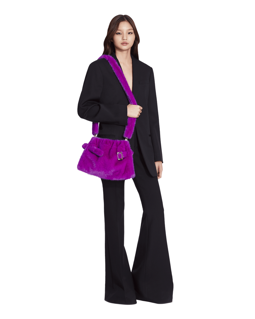 Medium, rectangular purple minky pouch with a metal buckle and, a belt, and a shoulder strap.