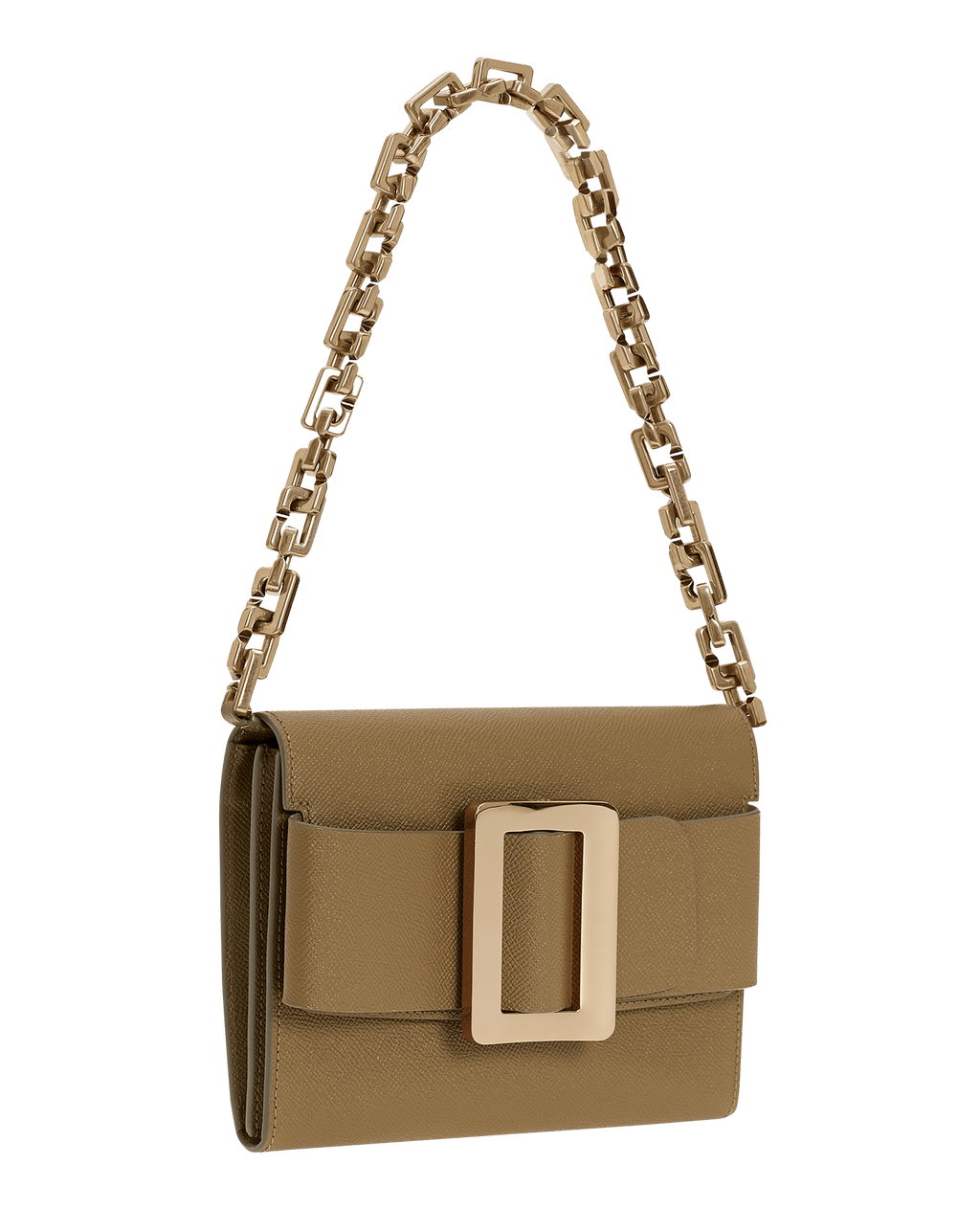 Rectangular clutch purse in grained brown leather with oversized gold buckle, leather belt, front flap closure, and metal chain carrying strap.
