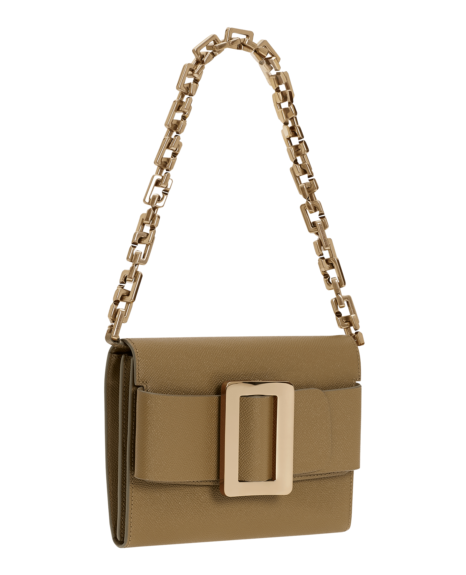 Rectangular clutch purse in grained brown leather with oversized gold buckle, leather belt, front flap closure, and metal chain carrying strap.