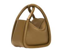 Medium brown bag with oversized edge piping, shoulder strap, and linkable double handles. Made with pebble calfskin leather.