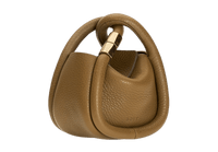 Extra small, mini brown bag with oversized edge piping, shoulder strap, and linkable double handles. Made with pebble calfskin leather.
