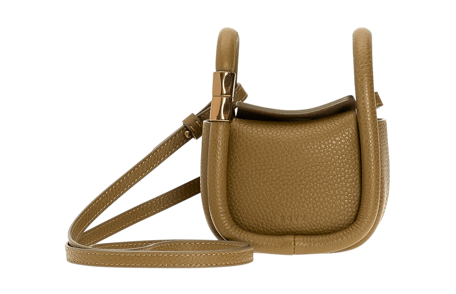Extra small, mini brown bag with oversized edge piping, shoulder strap, and linkable double handles. Made with pebble calfskin leather.