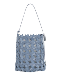 Muted blue BOYY YY woven 19 bucket bag, made of woven calfskin and suede, with a structured silhouette, featuring signature brass Y hardware on the side and an adjustable shoulder-to-crossbody strap