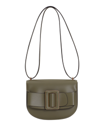 Kalamata green BOYY SADDLE bag made of palmellato calfskin leather, with a structured saddle-shaped silhouette, flap closure, adjustable shoulder-to-crossbody strap, and signature oversized buckle