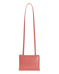 Coral pink BOYY DUPLÉ shoulder/crossbody travel bag in boxcalf leather, ice grey goatskin lining, two compartments with gold and silver zippers