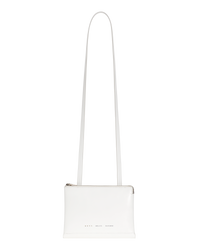 Glacier white BOYY DUPLÉ shoulder/crossbody travel bag in boxcalf leather, dijon brown goatskin lining, two compartments with gold and silver zippers