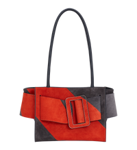 Piombo koi red BOYY BOBBY soft 23 luxury handbag made of suede calfskin leather with fine-grain calfskin lining. Features a relaxed, modern silhouette, extended over the shoulder handles with an oversized belt, buckle, and zipper closure