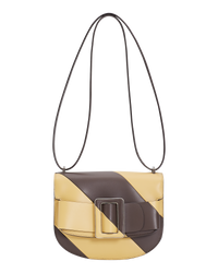 Falcon polenta brown yellow BOYY SADDLE bag made of palmellato calfskin leather, with a structured saddle-shaped silhouette, flap closure, adjustable shoulder-to-crossbody strap, and signature oversized buckle