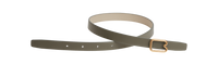 A reversible BOYY calfskin leather belt, one side kalamata and the other gres, featuring a removable signature brass B-shaped buckle