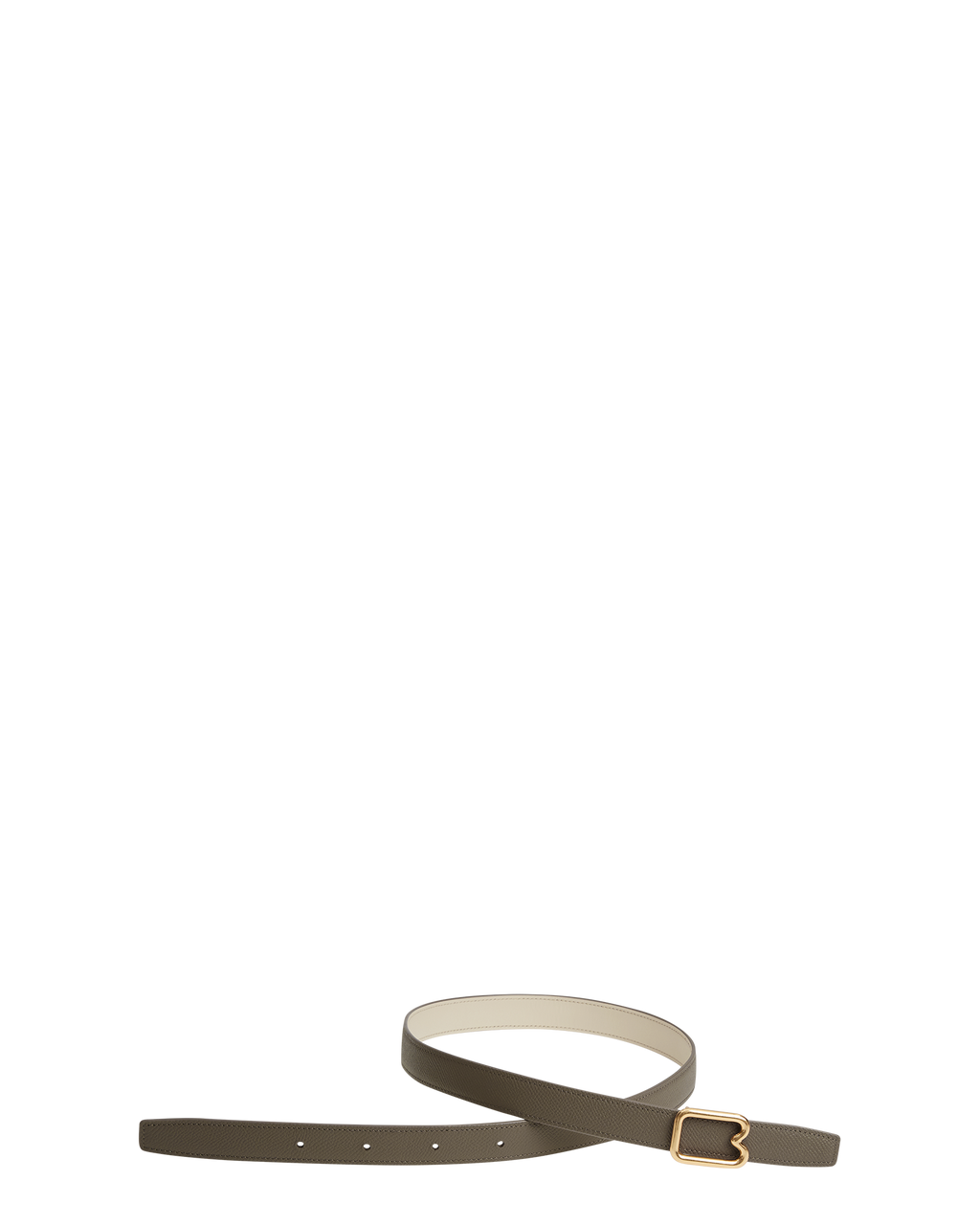 A reversible BOYY calfskin leather belt, one side linen and the other walnut, featuring a removable signature brass B-shaped buckle