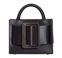 Black BOYY BOBBY 18 handbag crafted from palmellato calfskin leather with suede lining. Features a structured silhouette, detachable shoulder strap, and an oversized belt and buckle closure