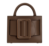 Mocha Brown BOYY BOBBY 18 handbag crafted from palmellato calfskin leather with suede lining. Features a structured silhouette, detachable shoulder strap, and an oversized belt and buckle closure
