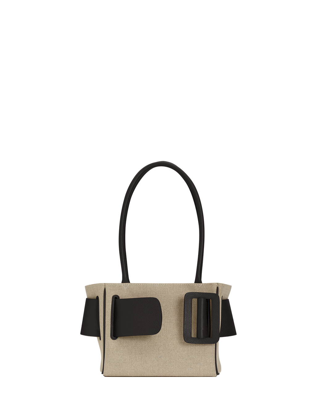 Natural Canvas BOYY BOBBY soft 23 luxury handbag made of canvas. Features a relaxed, modern silhouette, extended over the shoulder handles with an oversized belt, buckle, and zipper closure