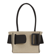 Natural Canvas BOYY BOBBY soft 23 luxury handbag made of canvas. Features a relaxed, modern silhouette, extended over the shoulder handles with an oversized belt, buckle, and zipper closure