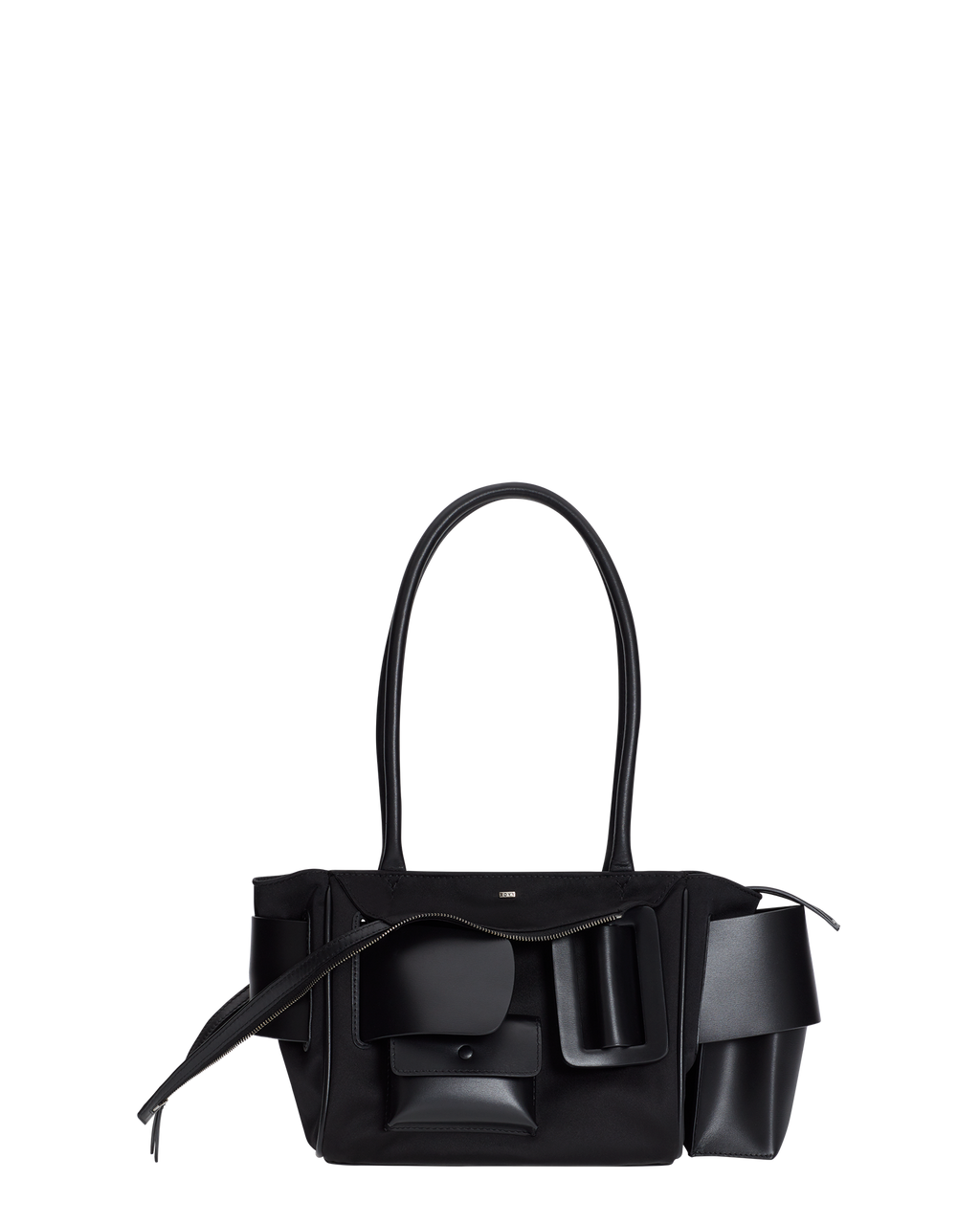 Black BOYY BOBBY inside-out soft 23 luxury handbag made of econyl nylon with leather. Features a relaxed, modern silhouette, extended over the shoulder handles with an oversized belt, buckle, and zipper closure