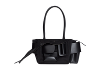 Black BOYY BOBBY inside-out soft 23 luxury handbag made of econyl nylon with leather. Features a relaxed, modern silhouette, extended over the shoulder handles with an oversized belt, buckle, and zipper closure