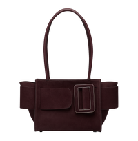 Red Plum BOYY BOBBY soft 23 luxury handbag made of suede calfskin leather with fine-grain calfskin lining. Features a relaxed, modern silhouette, extended over the shoulder handles with an oversized belt, buckle, and zipper closure
