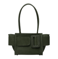 Sage Green BOYY BOBBY soft 23 luxury handbag made of suede calfskin leather with fine-grain calfskin lining. Features a relaxed, modern silhouette, extended over the shoulder handles with an oversized belt, buckle, and zipper closure