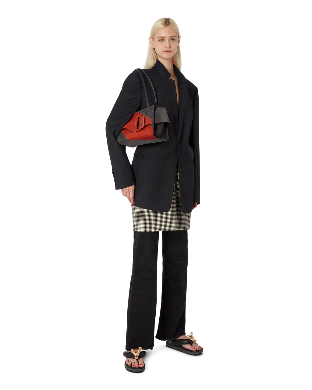 Piombo koi red BOYY BOBBY soft 23 luxury handbag made of suede calfskin leather with fine-grain calfskin lining. Features a relaxed, modern silhouette, extended over the shoulder handles with an oversized belt, buckle, and zipper closure on model