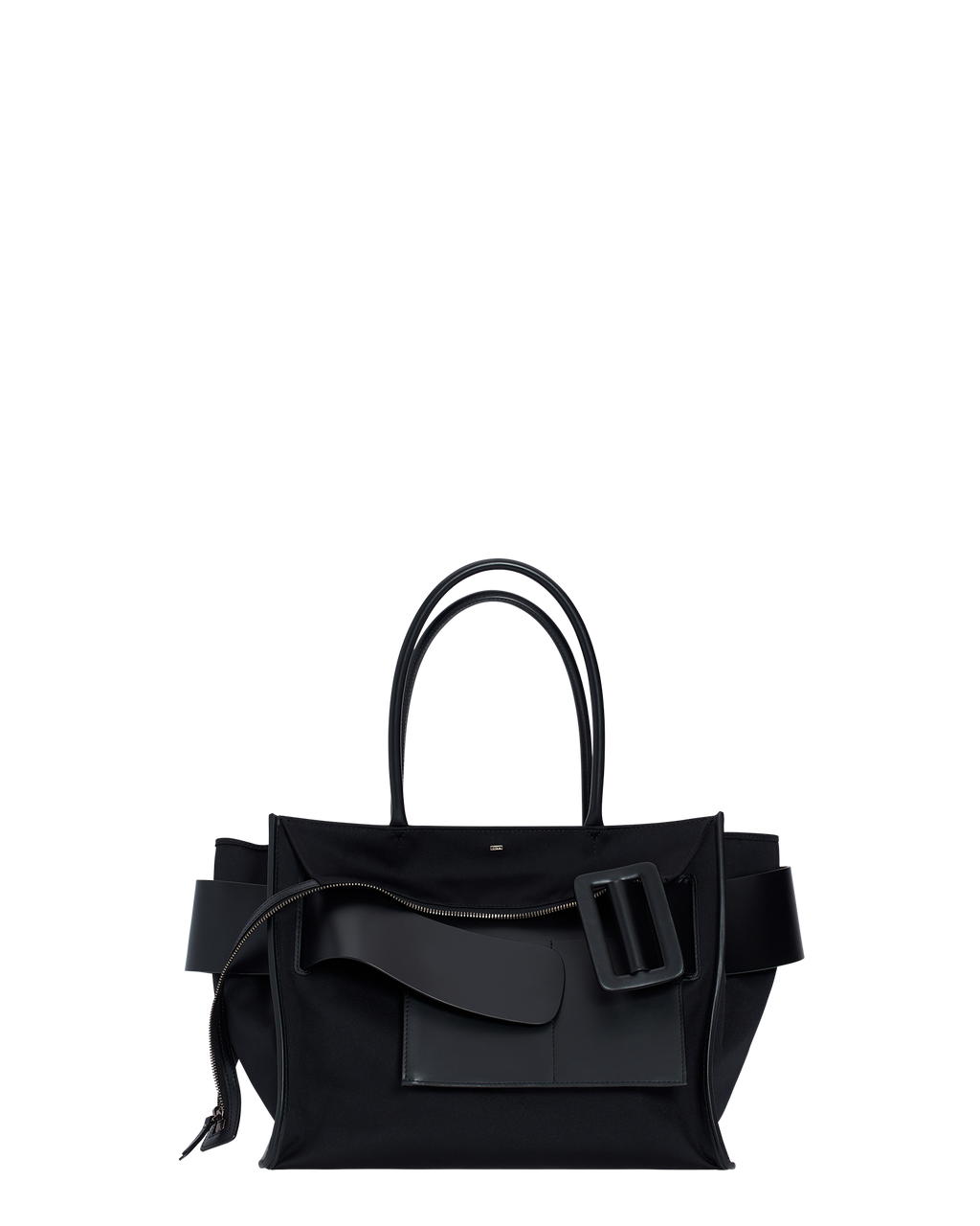 Black BOYY BOBBY inside-out soft luxury handbag made of econyl nylon with calfskin leather. Features a relaxed, modern silhouette with an oversized belt, buckle, and zipper closure 