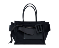 Black BOYY BOBBY inside-out soft luxury handbag made of econyl nylon with calfskin leather. Features a relaxed, modern silhouette with an oversized belt, buckle, and zipper closure 