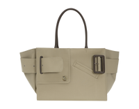 Beige BOYY BOBBY soft luxury handbag made of cotton, polyurethane and calfskin leather. Features a relaxed, modern silhouette, extended over the shoulder handles with an oversized belt, buckle, and zipper closure