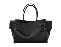 Black BOYY BOBBY Weekend soft luxury handbag made of calfskin leather with fine-grain calfskin lining. Features a relaxed, modern silhouette, extended over the shoulder handles with an oversized belt, buckle, and zipper closure    