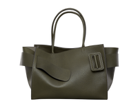 Hojicha BOYY BOBBY Weekend soft luxury handbag made of calfskin leather with fine-grain calfskin lining. Features a relaxed, modern silhouette, extended over the shoulder handles with an oversized belt, buckle, and zipper closure 