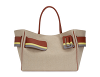 Color Block BOYY BOBBY Weekend soft luxury handbag made of canvas. Features a relaxed, modern silhouette, extended over the shoulder handles with an oversized belt, buckle, and zipper closure               