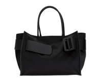 Black BOYY BOBBY Weekend Soft luxury handbag made of econyl nylon with calfskin leather. Features a relaxed, modern silhouette with an oversized belt, buckle, and zipper closure