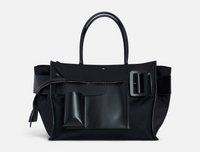 Black BOYY BOBBY Weekend Soft inside-out soft luxury handbag made of econyl nylon with calfskin leather. Features a relaxed, modern silhouette with an oversized belt, buckle, and zipper closure