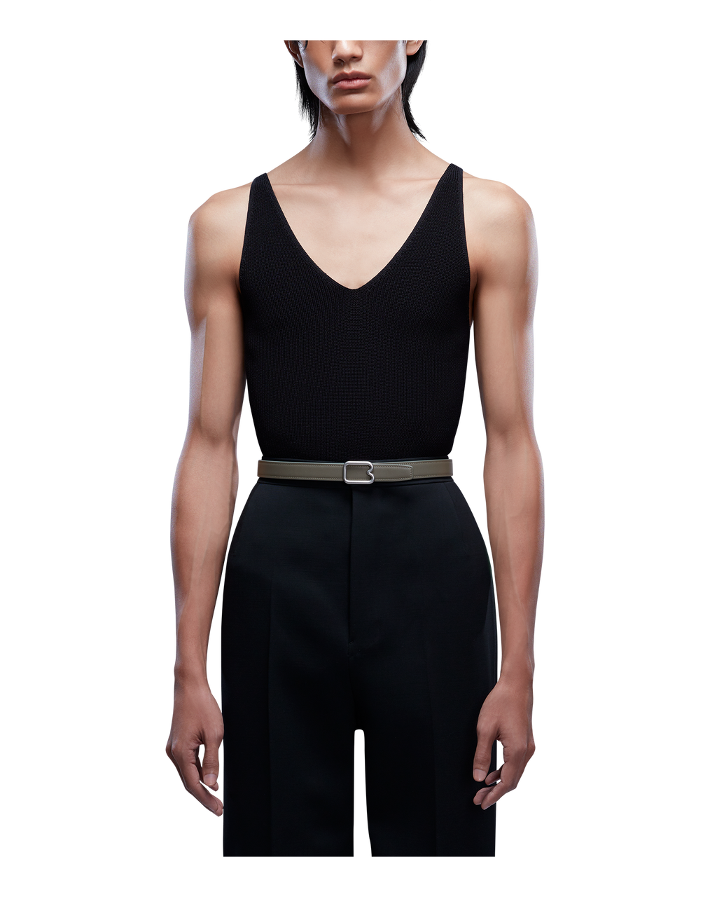 A reversible BOYY calfskin leather belt, one side kalamata and the other gres, featuring a removable signature brass B-shaped buckle on model