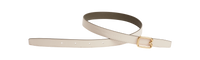 A reversible BOYY calfskin leather belt, one side linen and the other walnut, featuring a removable signature brass B-shaped buckle