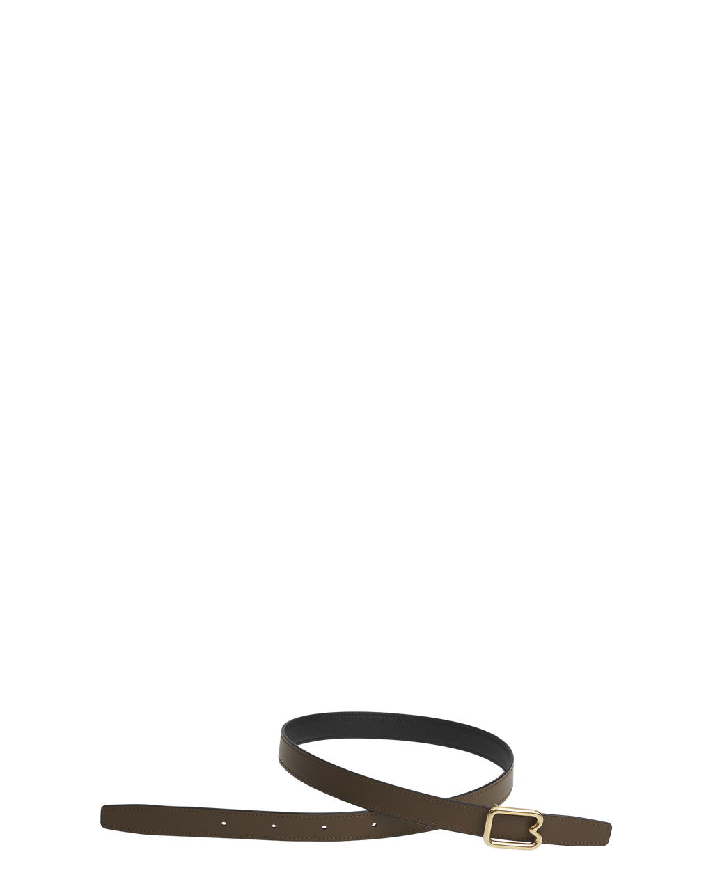 A reversible BOYY calfskin leather belt, one side black and the other mocha, featuring a removable signature brass B-shaped buckle