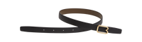 A reversible BOYY calfskin leather belt, one side black and the other mocha, featuring a removable signature brass B-shaped buckle