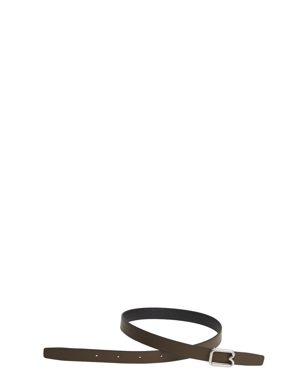 A reversible BOYY calfskin leather belt, one side black and the other mocha, featuring a removable signature brass B-shaped buckle