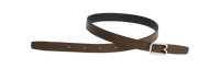 A reversible BOYY calfskin leather belt, one side black and the other mocha, featuring a removable signature brass B-shaped buckle
