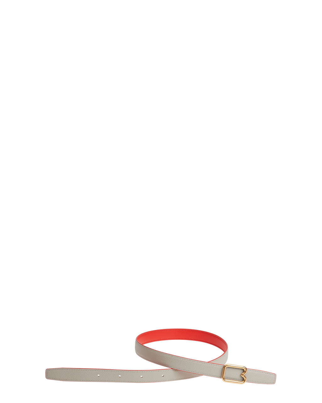 A reversible BOYY calfskin leather belt, one side poppy red and the other hummus, featuring a removable signature brass B-shaped buckle